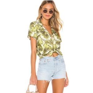 Chaser Palm Print Button Up Tee With Tie Bow